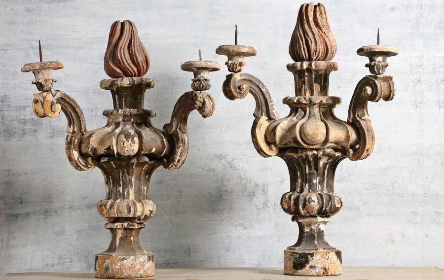 Pair of 17th century Italian polychrome candelabras