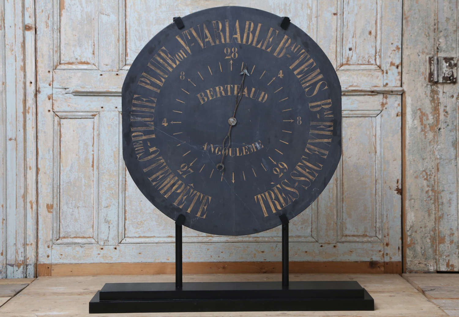 19th century French slate barometer face on a metal stand