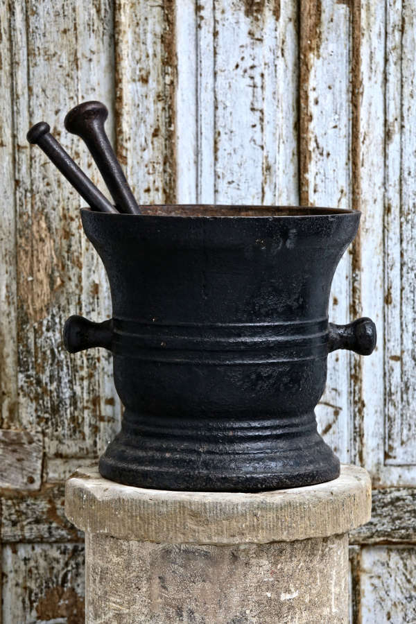 18th century French iron pestle and mortar