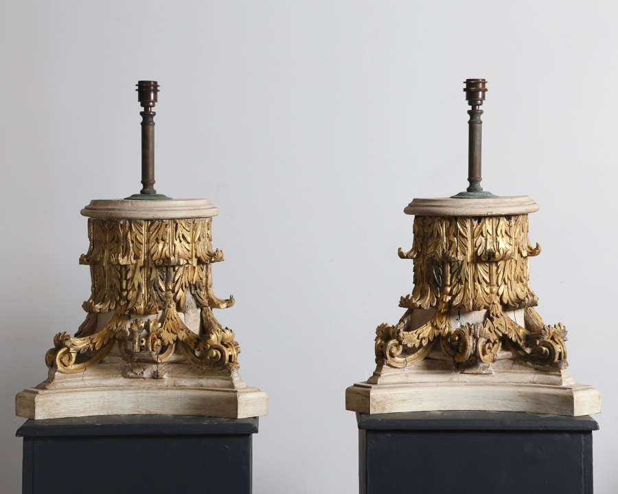 Pair of late 18th century carved Giltwood Capitals converted to lamps