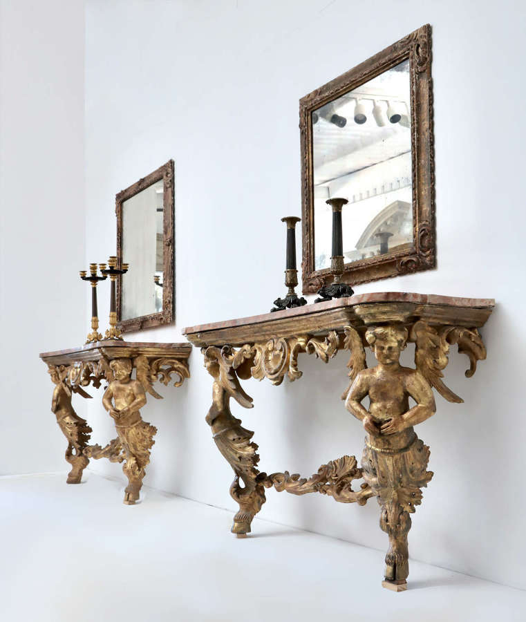 Pair of Italian Mid 18thC Carved Giltwood  Baroque Consoles